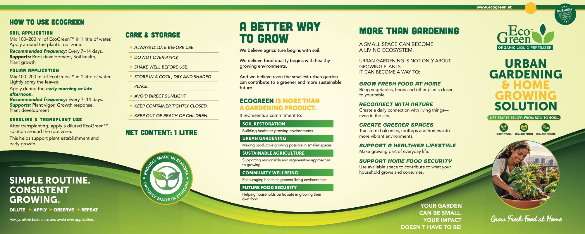 Eco Green 1 litre usage brochure, page 1 of 2