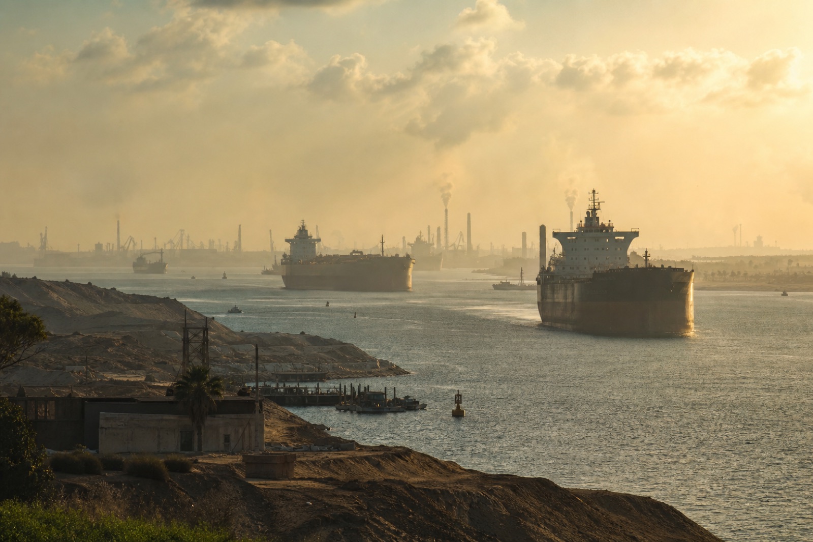 Cargo ships on a hazy maritime horizon at golden hour