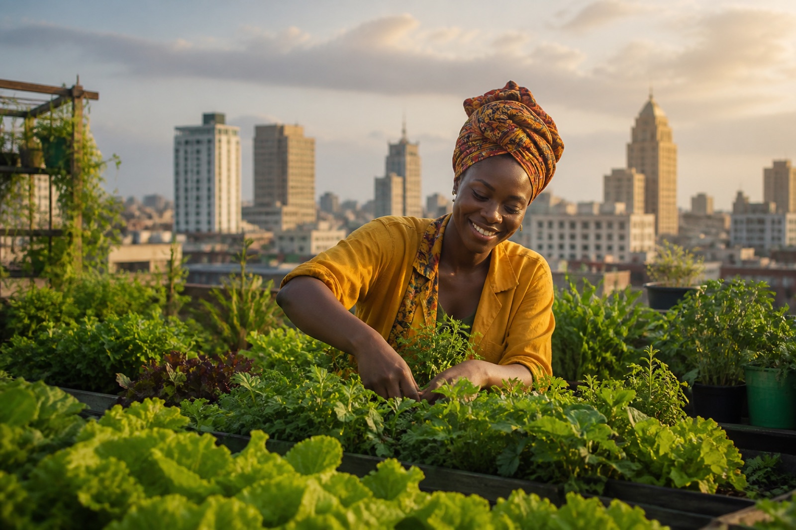 Rooftop garden with lush greens against a soft city skyline