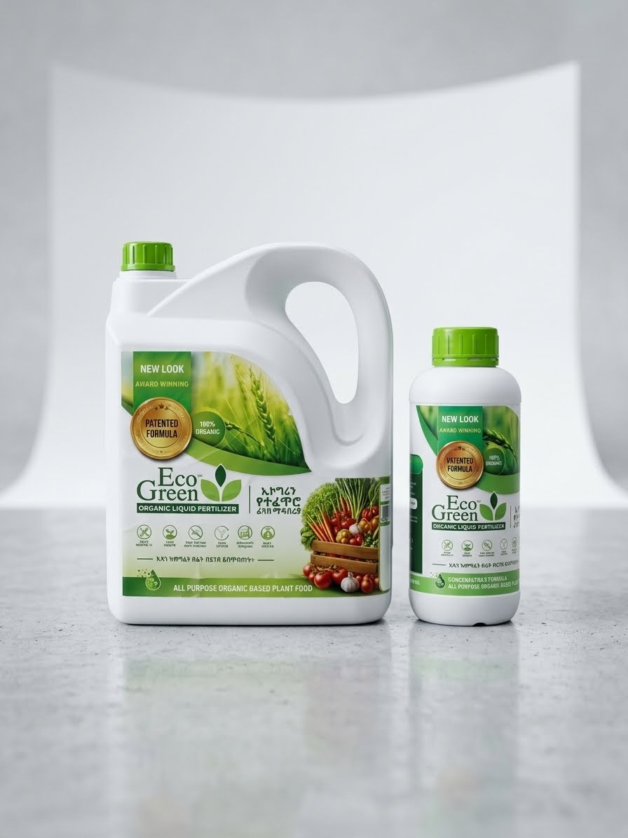 Eco Green 5L jerrycan and 1L bottle side by side on a studio background