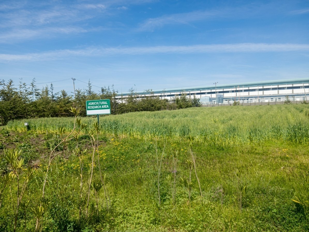Agricultural research area sign above green crop plots, with the Eco Green factory behind